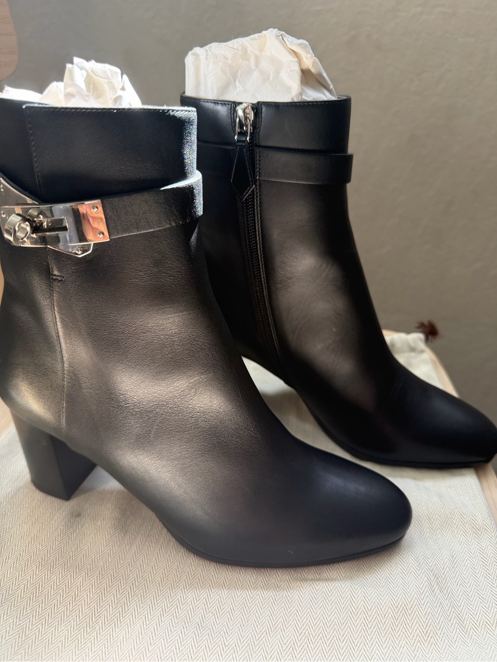 Hermes Black Leather Ankle Boots with Silver Hardware